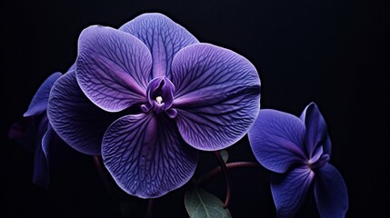 A close-up of a delicate violet captured in exquisite detail against a solid black canvas.