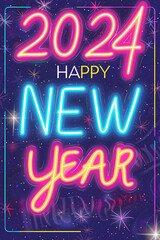 2024 Happy new Year Text in bunten Neon Farben mit Feuerwerk und Lichteffekten. Hochformat. Hochkant. Generative Ai