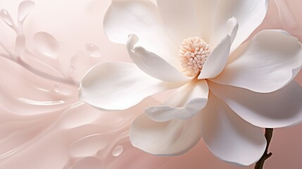 A close-up of a dew-covered magnolia blossom, its creamy white petals set against a soft blush...