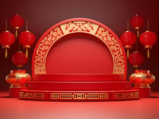 Abstract round podium with Chinese new year decoration on red background. Red podium product display