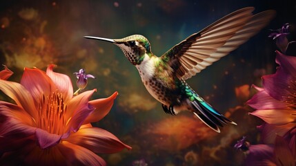 A close-up of a hummingbird hovering near a vibrant cluster of flowers.