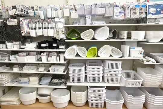 A view inside a 100 yen shop. In Japan,there are 100-yen shops where you can buy everything for 100 yen before tax.