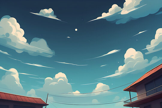 view of sky and house in the city cartoon illustrator