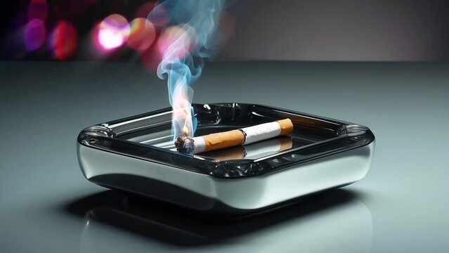a cigarette in an ashtray with smoke and fire. video animation