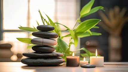 Fototapeta na wymiar Spa banner concept, stone stacked with burning candle and bamboo leaf
