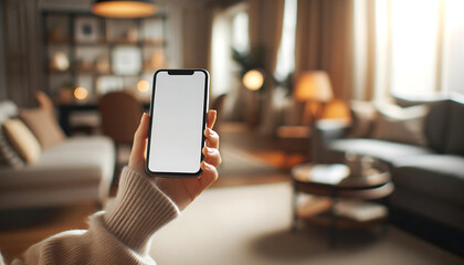 Mockup image of a woman's hand holding smartphone with blank white screen in the living room - obrazy, fototapety, plakaty