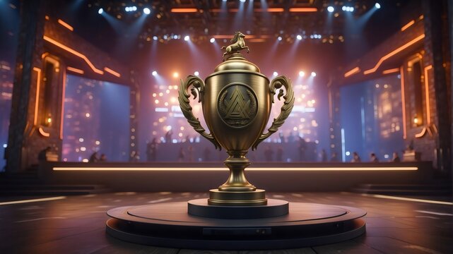 The esports winner trophy standing on the stage