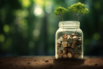 Tree on save money coins in grass jar, Growth business finance saving investment concept
