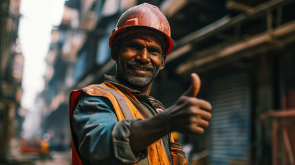 domestic asian construction worker showing thumb up