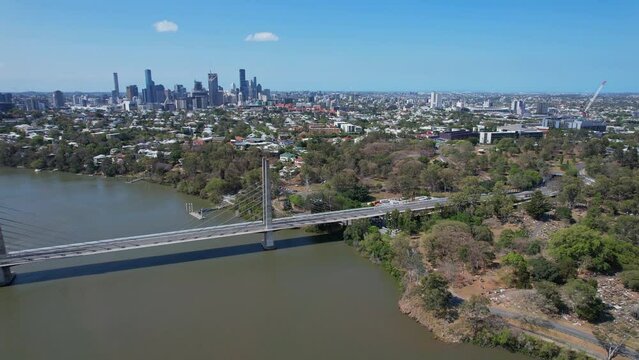 Eleanor Schonell Bridge (Green Bridge) - Cable-stayed Bridge Over Brisbane River In Dutton Park, QLD, Australia. aerial sideways shot