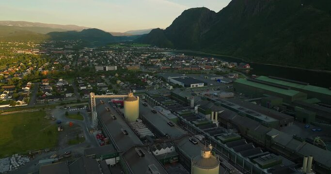 Industrial park in Norway. Aerial birds eye. Development, investment area, infrastructure.