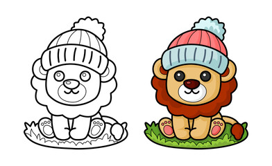 Learn to color a lion wearing a winter hat, coloring book, coloring page.