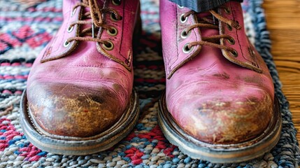 Worn pink leather boots on patterned rug