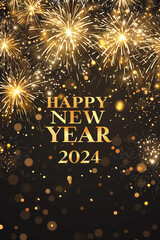 2024 Happy new Year Text goldenen Farben mit Feuerwerk und Lichteffekten auf dunklem Hintergrund. Hochformat. Hochkant. Generative Ai