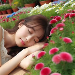 Obraz na płótnie Canvas Taking a rest in the flower garden