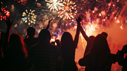 Group of people celebrating New Year looking at spectacular fireworks