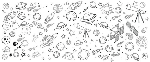 Hand drawn planet collection in doodle style. set of cosmos in doodle style: astronaut, planets, stars, rocket and alien, monster, ufo for design. Science space exploration.Vector
