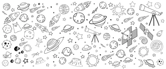 Foto op Canvas Hand drawn planet collection in doodle style. set of cosmos in doodle style: astronaut, planets, stars, rocket and alien, monster, ufo for design. Science space exploration.Vector  © Mehranali