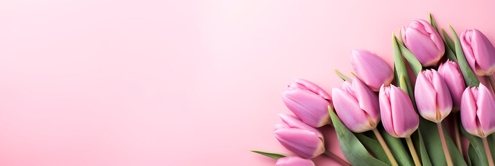 Fototapeta premium A Bouquet of Pink Tulips on a Pink Background, Photorealistic, Womanhood.