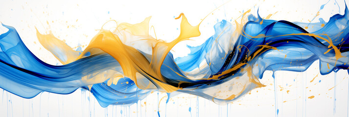A Blue and Yellow Wave of Paint on a Black Background, a Picture, Action Painting.

