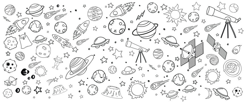 Hand drawn planet collection in doodle style. set of cosmos in doodle style: astronaut, planets, stars, rocket and alien, monster, ufo for design. Science space exploration.Vector

