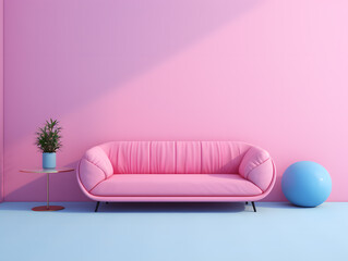 Modern pink interior with sofa and pink wall. abstract minimal 3d render.