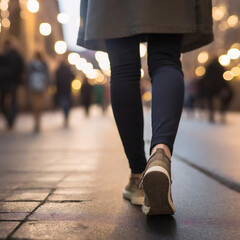 Fototapeta premium Woman walking on the sidewalk of a busy street.