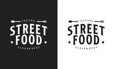 Street food typography logo tamplete. street food festival for restaurant cafe illustration design. - obrazy, fototapety, plakaty