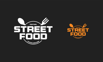 Street food typography logo tamplete. street food festival for restaurant cafe illustration design. - obrazy, fototapety, plakaty