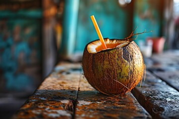 coconut drink on the taable - obrazy, fototapety, plakaty