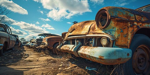 Rusty Old Cars in a Dirt Field - obrazy, fototapety, plakaty