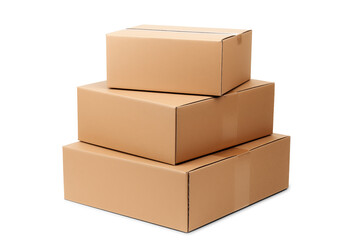 Stack of Three Plain brown Cardboard Boxes | Isolated on Transparent & White Background | PNG File with Transparency
