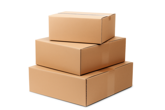 Stack of Three Plain brown Cardboard Boxes | Isolated on Transparent & White Background | PNG File with Transparency