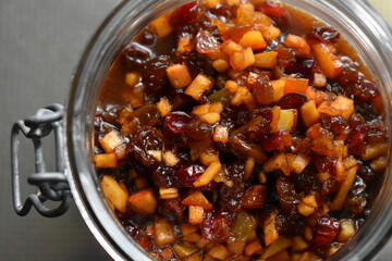 Mincemeat for homemade mince pies in storage jar.