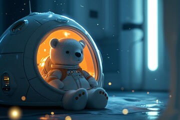 A white teddy bear sitting in a white space capsule - obrazy, fototapety, plakaty