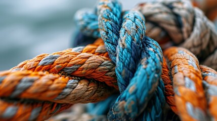 A close-up of a blue and orange rope - obrazy, fototapety, plakaty