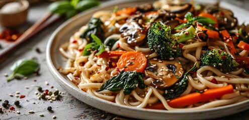 A plate of noodles with vegetables and mushrooms. - obrazy, fototapety, plakaty