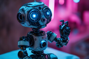A futuristic robot with blue eyes and a pink background
