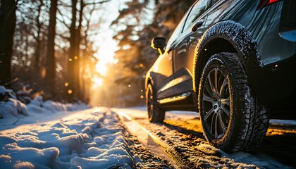 A car on a snowy road with sunlight shining on it - obrazy, fototapety, plakaty