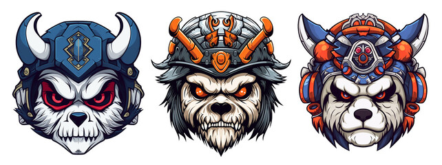 Cartoon set of panda head mascot wearing war helmet