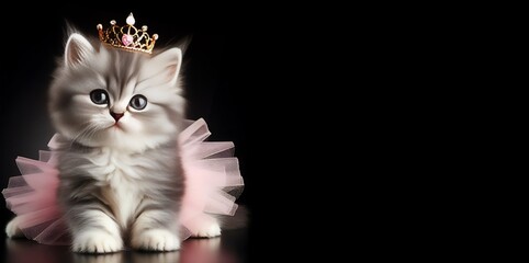A kitten with a crown on its head on black background with copy space, generative ai