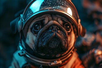 A cute pug dog wearing a space helmet - obrazy, fototapety, plakaty
