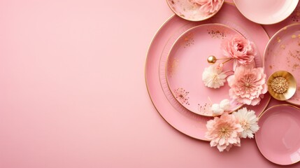 Pink and gold plate, flowers and cutlery on a pink background. Flat layer