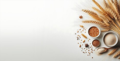 Wheat flour and spikelets of wheat on a light background, generative ai - obrazy, fototapety, plakaty