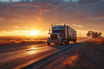 A large truck driving down a road during sunset - obrazy, fototapety, plakaty