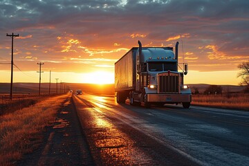 A large semi truck driving down a road during sunset