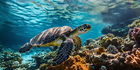 A close-up of a turtle swimming in the ocean - obrazy, fototapety, plakaty