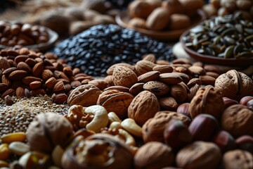 A variety of nuts and seeds on a table. - obrazy, fototapety, plakaty
