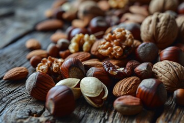A variety of nuts and seeds on a wooden table. - obrazy, fototapety, plakaty