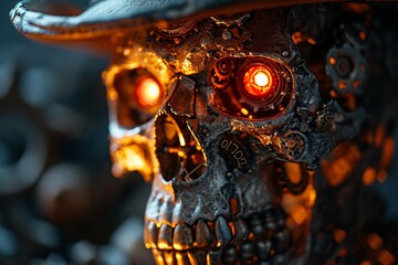 A close-up of a robotic skull with glowing red eyes and a clock face - obrazy, fototapety, plakaty
